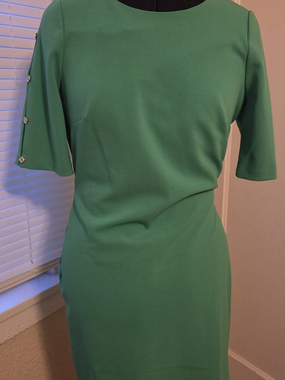 Tommy Hilfiger Emerald Green Midi Sheath Dress with Button-Trim Sleeves